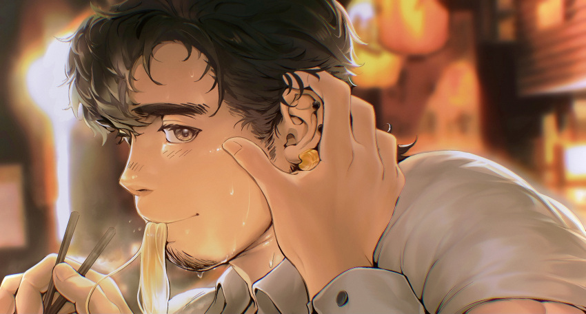 1boy bara black_hair blush earrings eating facial_hair food goatee hand_on_another's_head highres isuke jewelry looking_at_viewer male_focus noodles original playing_with_another's_hair pov pov_adoring pov_hands ramen sideburns_stubble solo_focus stubble sweat thick_eyebrows wiping_sweat