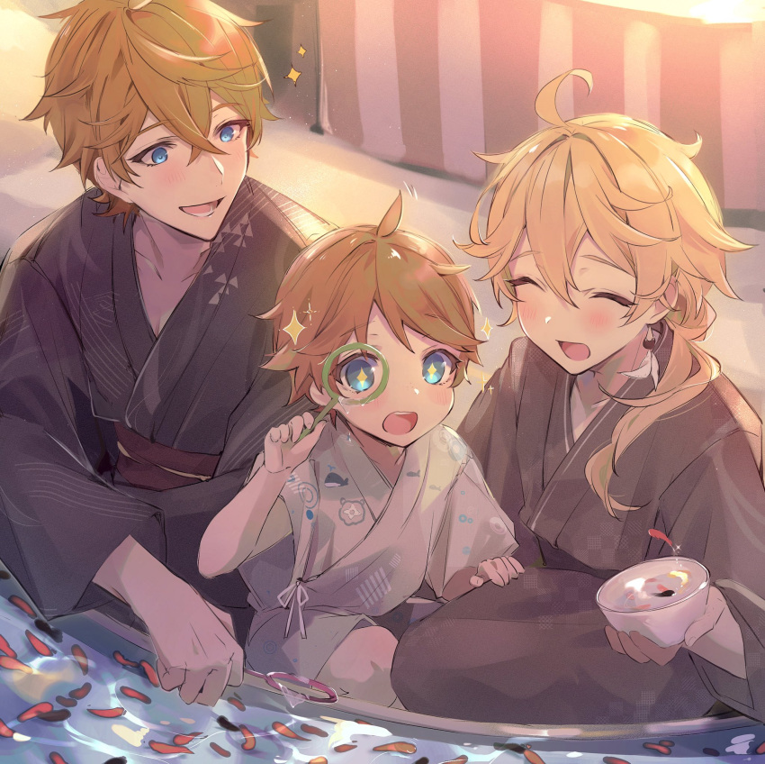 3boys aether_(genshin_impact) ahoge alternate_costume blonde_hair blue_eyes blush bowl closed_eyes commentary crossed_bangs earrings festival fish genshin_impact goldfish_scooping gumilkx highres holding holding_bowl japanese_clothes jewelry kimono long_hair male_focus multiple_boys obi open_mouth orange_hair ponytail sash single_earring sparkle symbol-only_commentary tartaglia_(genshin_impact) teucer_(genshin_impact) water wide_sleeves yukata