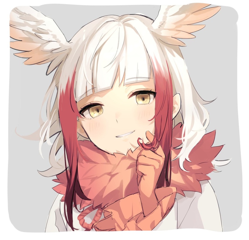 bey_(bey01st) bird_wings blush close-up commentary female frilled_sleeves frills fur_collar gloves hand_in_own_hair head_wings japanese_crested_ibis_(kemono_friends) kemono_friends long_sleeves multicolored_hair red_fur red_gloves red_hair shirt short_hair sidelocks solo two-tone_hair white_hair white_shirt wings yellow_eyes