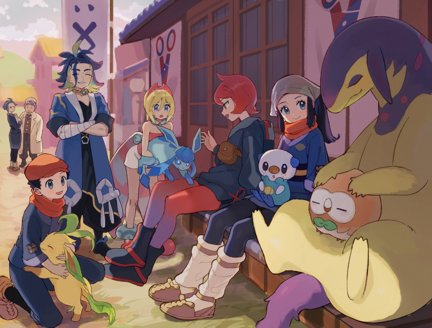 3boys 4girls adaman_(pokemon) akari_(pokemon) anklet arezu_(pokemon) beanie black_footwear black_hair blonde_hair blue_coat blue_hair boots brown_vest building buttons coat collar cowlick crossed_arms cyllene_(pokemon) day earrings furukawa_raku glaceon grey_headwear hat head_scarf highres hisuian_typhlosion holding holding_pokemon irida_(pokemon) jacket jewelry knees laventon_(pokemon) leafeon logo long_hair loose_socks multiple_boys multiple_girls on_lap on_one_knee open_clothes open_coat oshawott outdoors pants pantyhose parted_lips pokemon pokemon_(creature) pokemon_legends:_arceus pokemon_on_lap ponytail purple_headwear red_hair rei_(pokemon) rowlet scarf shirt shoes short_hair shorts sitting skirt smile socks strapless strapless_shirt vest white_shorts