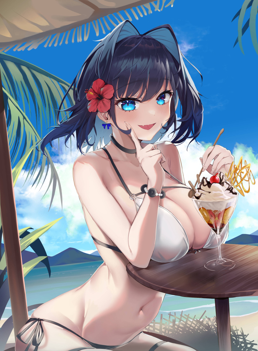 :d absurdres arched_back beach_umbrella bikini black_hair blue_eyes blue_hair blue_sky breast_rest breasts breasts_on_table cherry chocolate_syrup cleavage cloud cup day elbow_rest female flower food fruit hair_flower hair_intakes hair_ornament hibiscus highres holding holding_spoon hololive hololive_english ice_cream index_finger_raised looking_at_viewer navel oerba_yun_fang open_mouth ouro_kronii outdoors red_flower rpg_(ram) short_hair side-tie_bikini_bottom sitting sky smile solo spoon stomach sundae swimsuit table umbrella virtual_youtuber