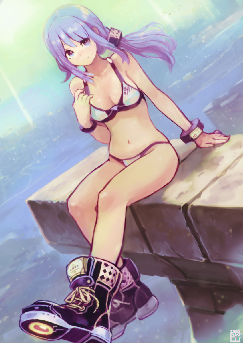 absurdres bikini blue_eyes blue_hair boots dutch_angle female highres long_hair looking_at_viewer low_ponytail navel okuto original ponytail sitting smile solo swimsuit white_bikini wristband