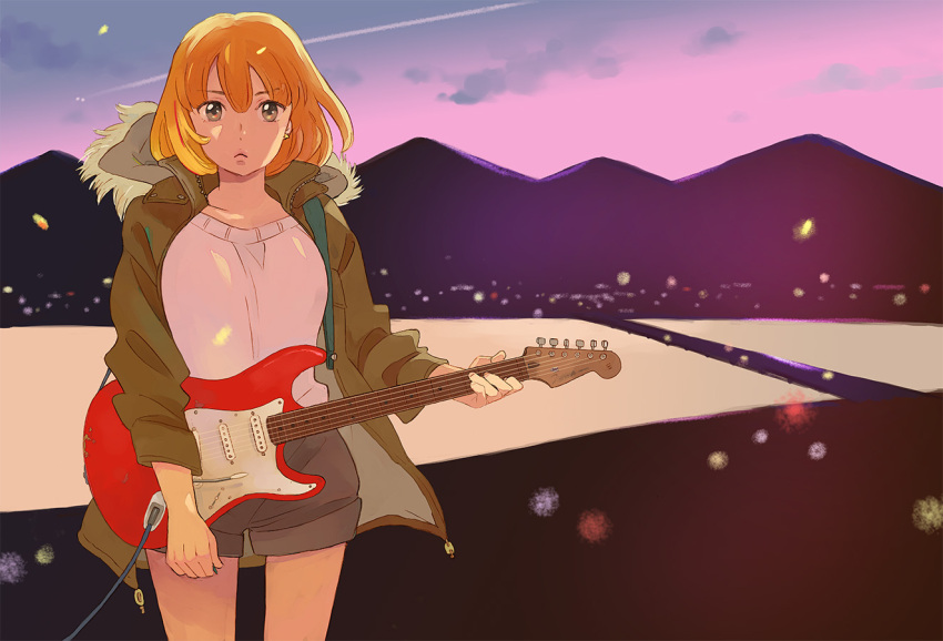 breasts brown_eyes closed_mouth coat commentary_request cowboy_shot earrings electric_guitar female fender_stratocaster frown green_coat grey_shorts guitar holding holding_instrument holding_plectrum instrument jewelry kin_no_hitsuji mountainous_horizon orange_hair ozaki_kaori plectrum shirt shorts solo star_(symbol) star_earrings tsugu_(kin_no_hitsuji) white_shirt