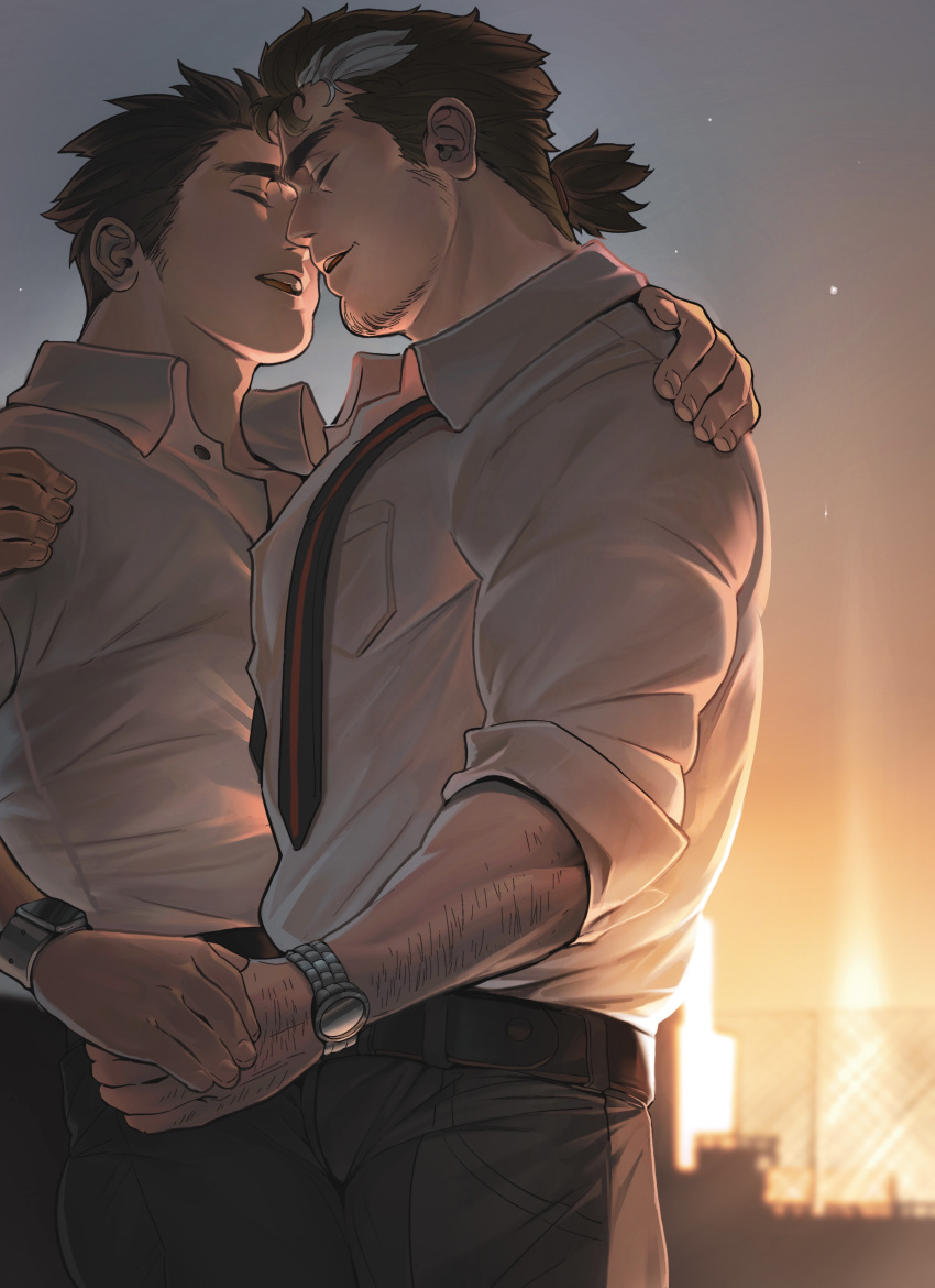 2boys absurdres arm_hair bara beard black_hair body_hair closed_eyes commission couple facial_hair formal highres hug imminent_kiss isuke male_focus mononobe_kyoma multiple_boys necktie partially_unbuttoned ponytail protagonist_3_(housamo) skeb_commission suit sunset teacher tokyo_afterschool_summoners undone_necktie watch yaoi