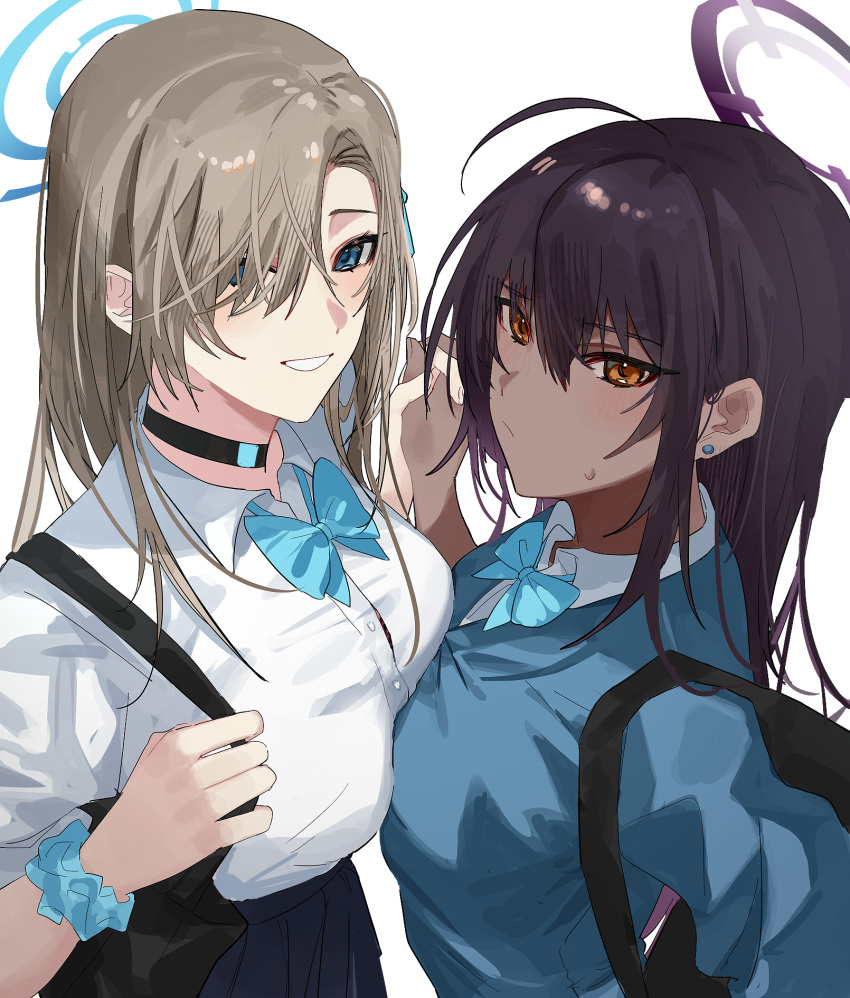 2girls 3o_c ahoge aqua_bow aqua_bowtie aqua_scrunchie asuna_(blue_archive) bag black_choker blue_archive blue_cardigan blue_eyes bow bowtie breast_press breasts brown_eyes brown_hair cardigan choker collared_shirt commentary dark-skinned_female dark_skin dress_shirt earrings from_above hair_between_eyes hair_over_one_eye halo highres jewelry karin_(blue_archive) large_breasts light_brown_hair long_hair multiple_girls school_bag school_uniform scrunchie shirt shirt_tucked_in smile sweatdrop symbol-only_commentary symmetrical_docking white_background white_shirt wrist_scrunchie