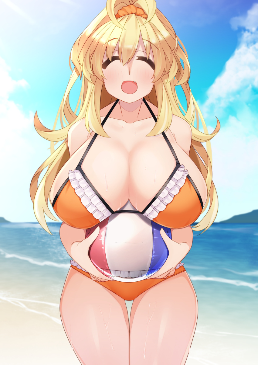 bare_shoulders beach beach_volleyball bikini blonde_hair blush breasts cleavage closed_eyes dura female happy highres kami_jigen_game_neptune_v large_breasts long_hair neptune_(series) ocean oerba_yun_fang open_mouth orange_bikini outdoors smile solo swimsuit wet wet_clothes yellow_heart_(neptunia)