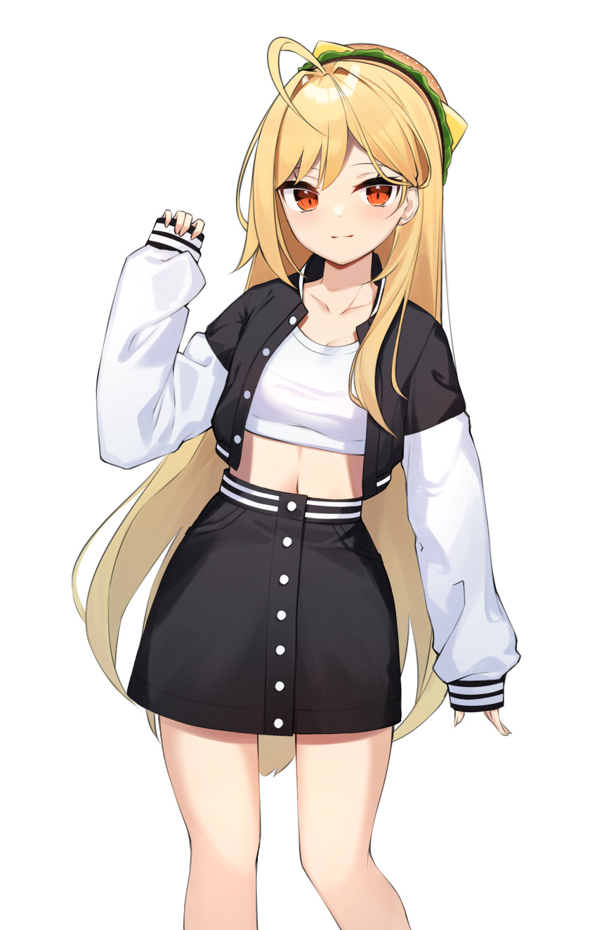 absurdres ahoge bare_legs black_jacket black_skirt blonde_hair breasts buttons collarbone commentary crop_top cropped_jacket female hamburger_hat hand_up hat high-waist_skirt highres jacket jingburger korean_commentary long_hair long_sleeves looking_at_viewer medium_breasts midriff navel open_clothes open_jacket pinching_sleeves red_eyes shirt skirt smile solo taut_clothes taut_shirt very_long_hair virtual_youtuber waktaverse white_background white_shirt ziro_(zirorong)