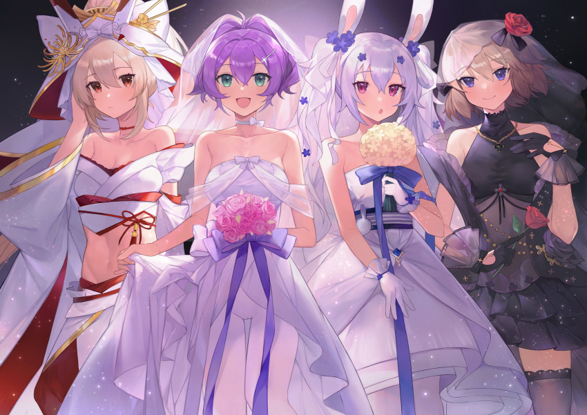 4girls :d :o animal_ears ayanami_(azur_lane) ayanami_(demon's_finest_dress)_(azur_lane) azur_lane bare_shoulders black_dress black_gloves black_thighhighs blue_eyes blue_flower blue_ribbon blush bouquet breasts bridal_veil bride brown_hair choker cleavage closed_mouth collarbone commentary cowboy_shot crop_top cross cross_hair_ornament detached_sleeves dress fake_animal_ears flat_chest flower gloves green_eyes groin hair_between_eyes hair_flower hair_ornament hand_up headgear high_ponytail highres holding holding_bouquet japanese_clothes javelin_(azur_lane) javelin_(blissful_purity)_(azur_lane) jewelry kimono laffey_(azur_lane) laffey_(white_rabbit's_oath)_(azur_lane) long_hair long_sleeves looking_at_viewer medium_breasts midriff multiple_girls navel necklace official_alternate_costume open_mouth orange_eyes pantyhose ponytail purple_hair rabbit_ears red_choker red_eyes ribbon rose see-through short_hair sidelocks skirt skirt_hold sleeveless sleeveless_dress smile standing strapless strapless_dress thigh_gap thighhighs turtleneck turtleneck_dress twintails uchikake veil very_long_hair wedding_dress white_choker white_dress white_gloves white_hair white_kimono white_pantyhose white_sleeves wide_ponytail wide_sleeves yayako_(804907150) z23_(azur_lane) z23_(schwarze_hochzeit)_(azur_lane) zettai_ryouiki