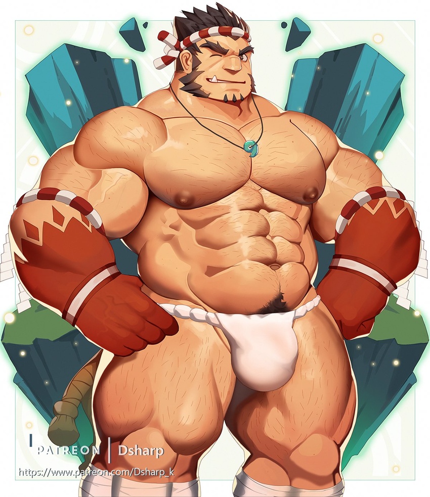 1boy abs bara bare_pectorals body_hair bulge chest_hair dsharp facial_hair feet_out_of_frame fundoshi goatee hachimaki hands_on_own_hips headband highres japanese_clothes jewelry large_pectorals long_sideburns looking_at_viewer male_focus male_underwear muscular muscular_male navel navel_hair necklace nejiri_hachimaki nipples oerba_yun_fang one_eye_closed paid_reward_available patreon_username pectorals short_hair sideburns solo tajikarao_(housamo) thick_thighs thighs tokyo_afterschool_summoners tusks underwear wet wet_clothes wet_male_underwear white_male_underwear