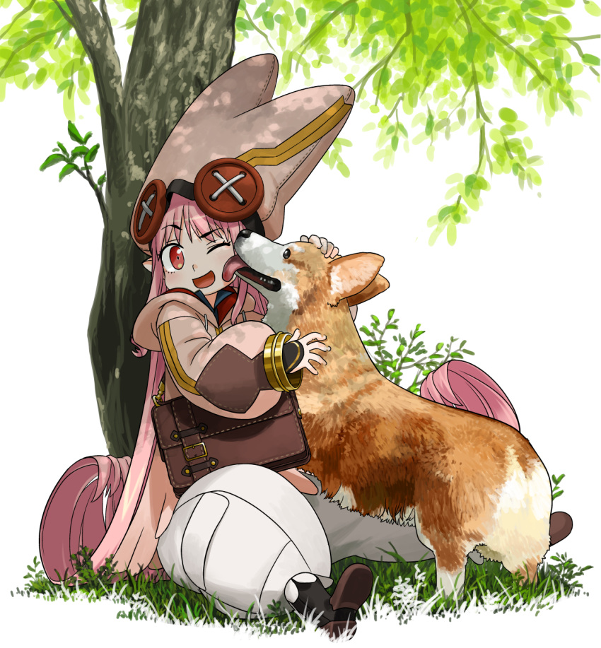 animal bag baggy_pants boots canine fate/grand_order fate_(series) female grass habetrot_(fate) hat highres hirai_yukio licking licking_another's_face long_hair one_eye_closed pants pink_hair pointy_ears satchel sitting tree welsh_corgi