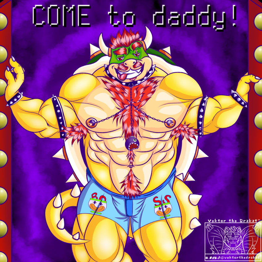 1:1 2_horns abs anthro armpit_hair biceps body_hair bowser bowser_day boxers_(clothing) chest_hair clothing collar digital_media_(artwork) dragon english_text happy_trail hi_res horn koopa leather legwear male mario_bros musclegut muscular mythological_creature mythological_scalie mythology nintendo nipple_piercing nipples pecs piercing reptile scalie scar solo spikes tail text thigh_highs turtle underwear vektorthedrakat(artist)