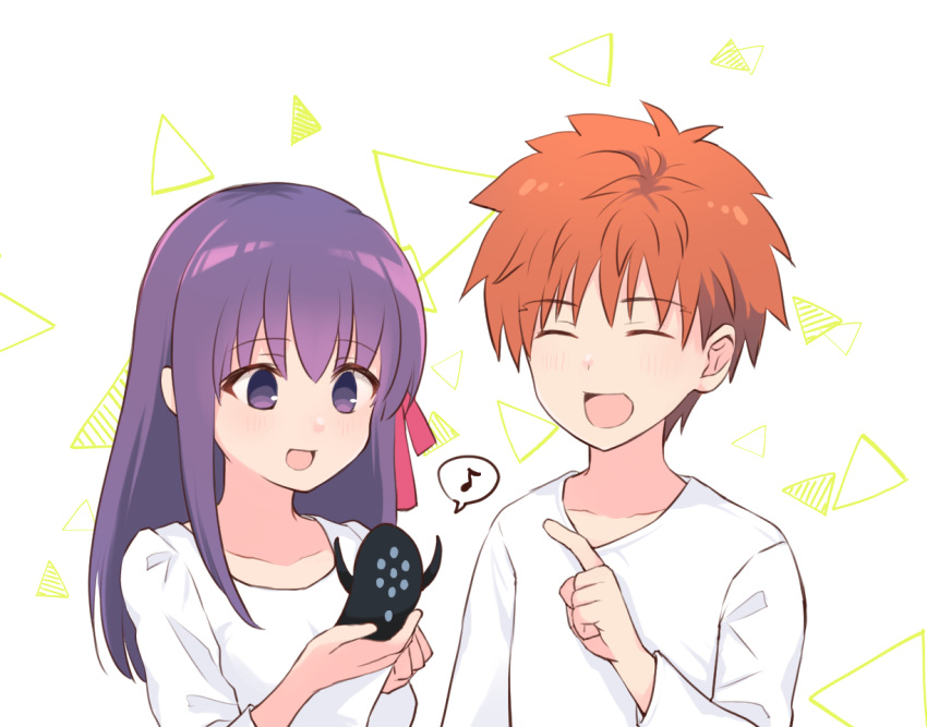 1boy blush emiya_shirou fate/stay_night fate_(series) female hair_ribbon heaven's_feel long_hair long_sleeves matou_sakura orange_hair purple_eyes purple_hair red_ribbon ribbon shadow_(fate/stay_night) shirt short_hair smile toy-black white_shirt