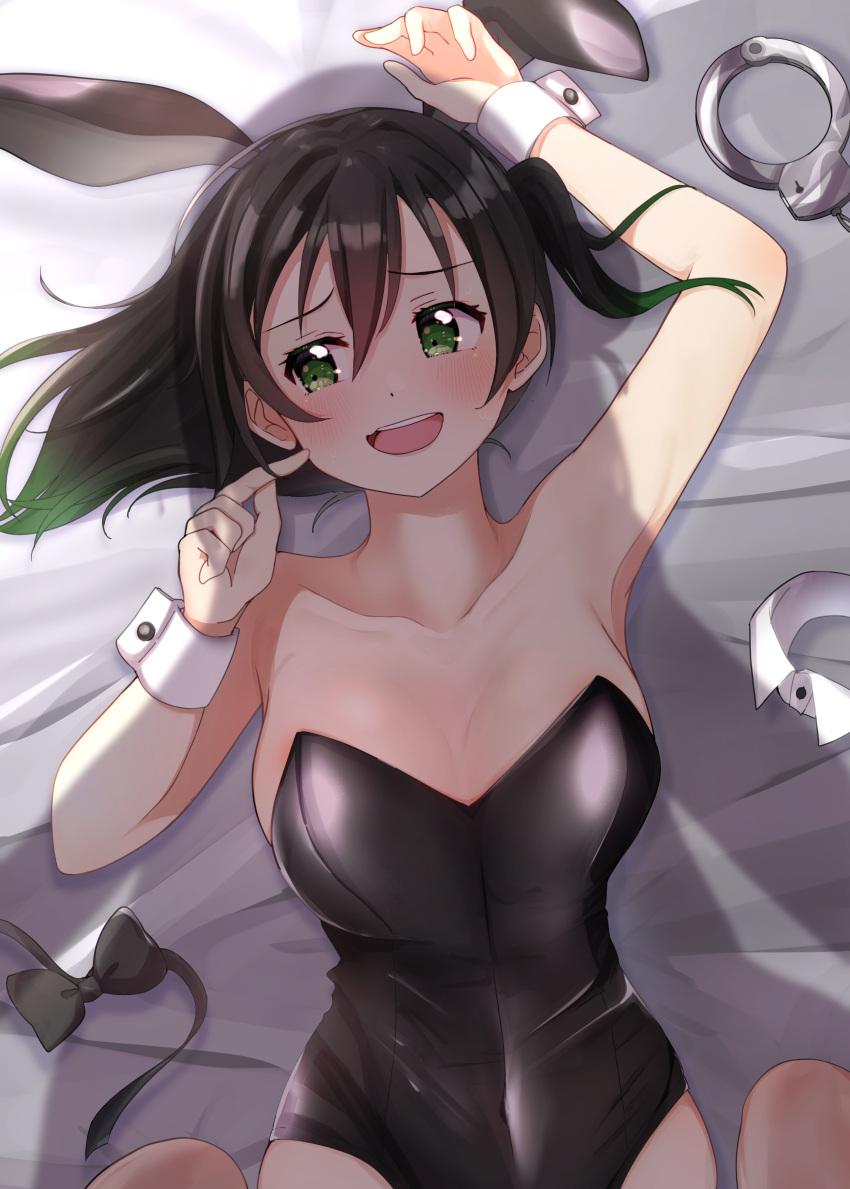 2girls absurdres animal_ears bed_sheet black_hair blush bow bowtie breasts commentary covered_navel cuff_links cuffs embarrassed female_pov finger_to_cheek gradient_hair green_eyes green_hair hair_between_eyes handcuffs highres large_breasts love_live! love_live!_nijigasaki_high_school_idol_club lying medium_hair multicolored_hair multiple_girls nyako_(utaneko31) on_back one_side_up open_mouth playboy_bunny pov rabbit_ears shadow sideways_glance solo_focus straddling takasaki_yu two-tone_hair uehara_ayumu unworn_bowtie unworn_collar yuri