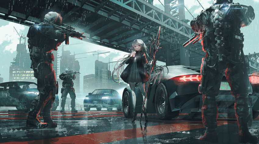 3boys aiming ar-15 at_gunpoint bendy_straw black_footwear black_jacket black_pants boots bridge building car closed_mouth commentary crane_(machine) dress drinking drinking_straw female grey_dress grey_hair grey_legwear gun helmet highres holding holding_gun holding_polearm holding_weapon jacket long_hair motor_vehicle multiple_boys original outdoors pants pantyhose polearm rain red_eyes rifle scope smile spear sports_car sports_utility_vehicle suspension_bridge swav very_long_hair weapon