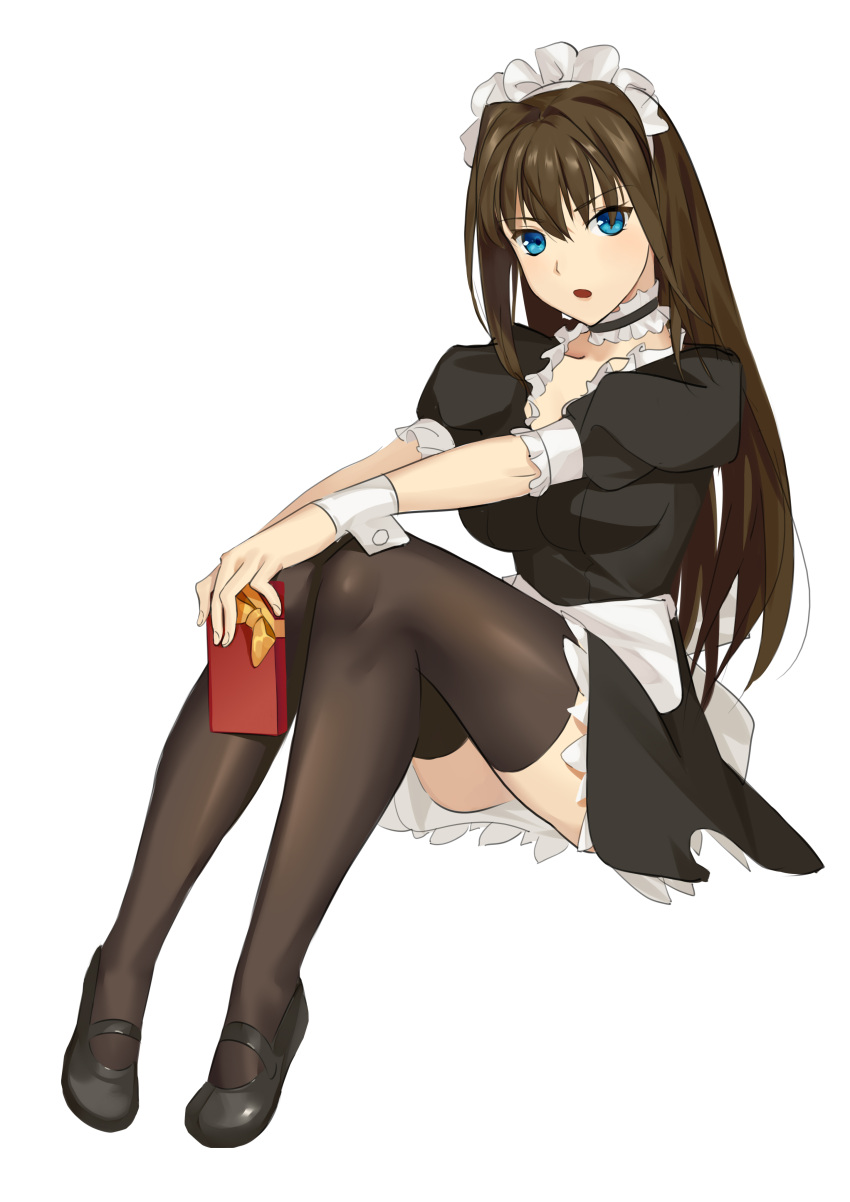 absurdres alternate_costume aozaki_aoko apron black_dress black_footwear black_thighhighs blue_eyes box breasts commentary_request cqqz0707 dress enmaided female frills full_body gift gift_box hair_between_eyes highres holding holding_gift large_breasts long_hair looking_at_viewer mahou_tsukai_no_yoru maid maid_headdress open_mouth puffy_short_sleeves puffy_sleeves short_sleeves simple_background sitting solo thighhighs waist_apron white_apron white_background