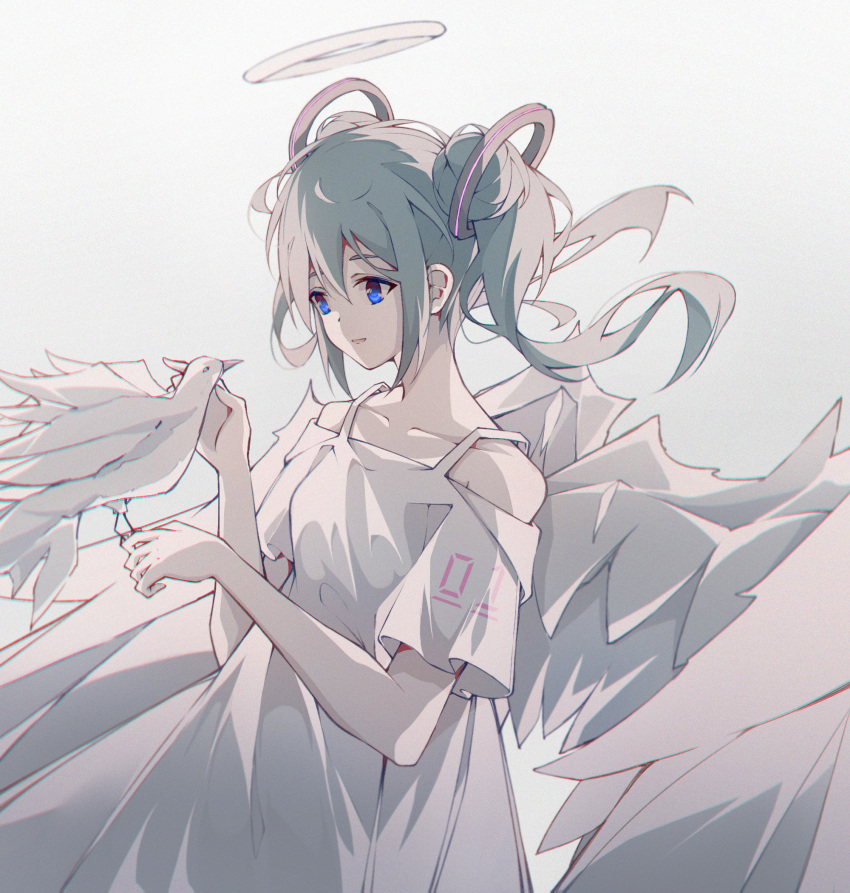 alternate_hair_length alternate_hairstyle angel angel_wings aqua_hair bare_shoulders bird bird_on_hand blue_eyes chinese_commentary commentary dove dress feathered_wings female hair_ornament halo hatsune_miku headpat highres light_smile medium_hair open_mouth qizhongji spaghetti_strap twintails upper_body vocaloid white_dress wings