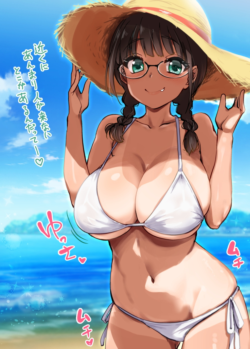 bare_shoulders beach bikini black-framed_eyewear braid breasts brown_hair cleavage collarbone commentary_request female glasses green_eyes halterneck hat highres hijiri_tsukasa large_breasts linea_alba looking_at_viewer navel oerba_yun_fang original outdoors side-tie_bikini_bottom smile solo spaghetti_strap standing stomach straw_hat string_bikini sun_hat swimsuit tan tanlines translation_request twin_braids underboob white_bikini