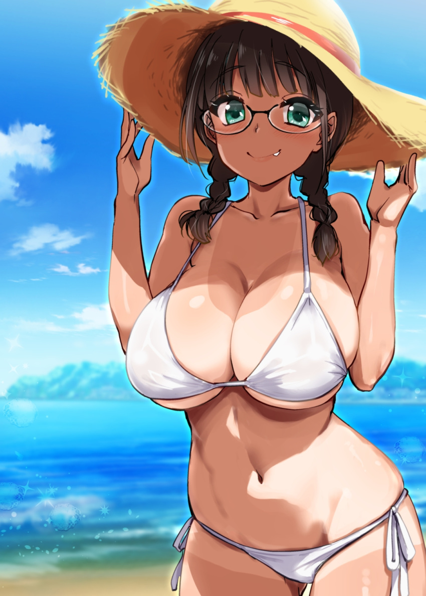 bare_shoulders beach bikini black-framed_eyewear braid breasts brown_hair cleavage collarbone commentary_request female glasses green_eyes halterneck hat highres hijiri_tsukasa large_breasts linea_alba looking_at_viewer navel oerba_yun_fang original outdoors side-tie_bikini_bottom smile solo spaghetti_strap standing stomach straw_hat string_bikini sun_hat swimsuit tan tanlines textless_version twin_braids underboob white_bikini