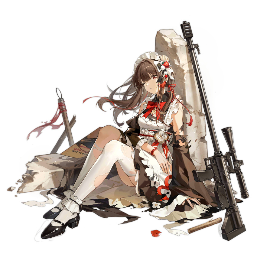 apron artist_request bird black_footwear black_sleeves breasts brown_hair closed_mouth detached_sleeves falcon falcon_(girls'_frontline) falcon_(tailfeather_maiden)_(girls'_frontline) female floral_print food-themed_hair_ornament frills full_body girls'_frontline gun hair_ornament highres long_hair looking_at_viewer maid maid_apron maid_headdress official_alternate_costume official_art one_eye_closed pantyhose red_eyes rifle shoes sign simple_background sitting skirt sniper_rifle solo standing strawberry_hair_ornament third-party_source torn_clothes towel transparent_background wa_maid warning_sign weapon wet_floor_sign white_apron white_pantyhose wide_sleeves