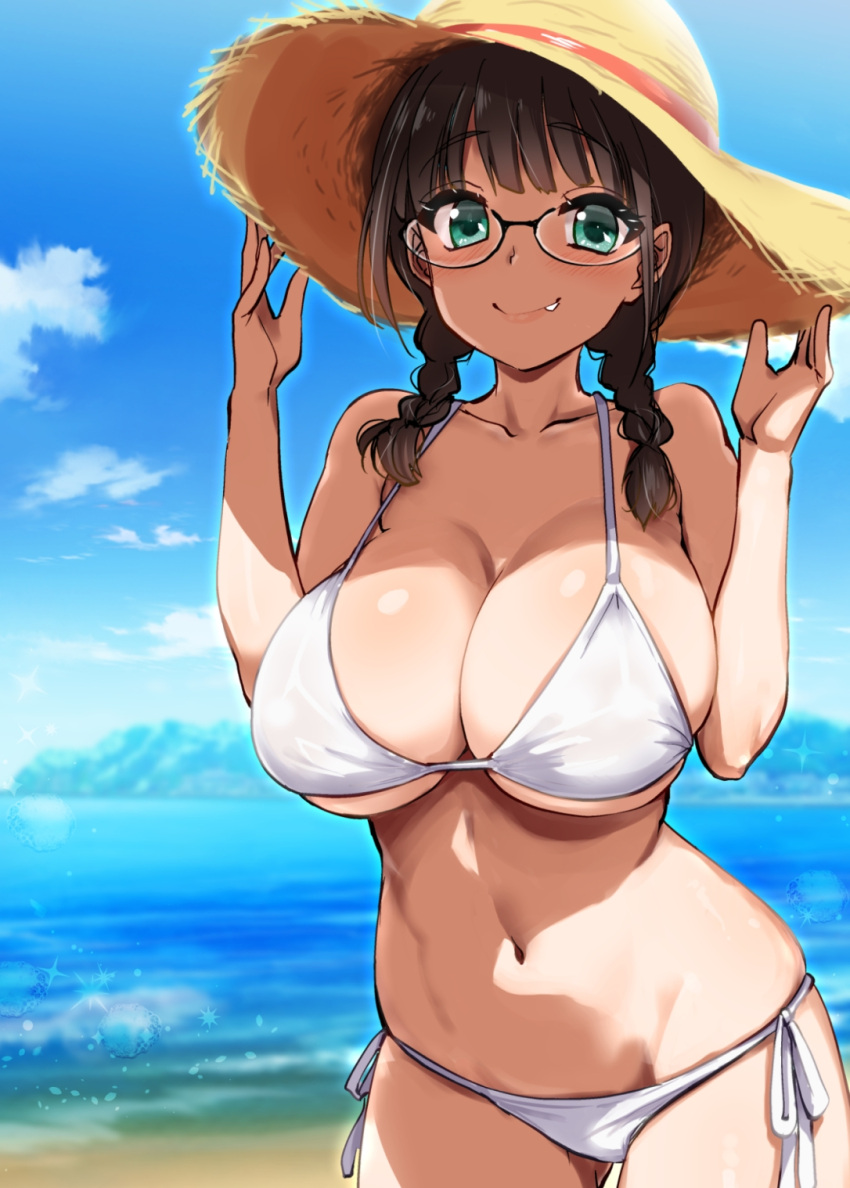 bare_shoulders beach bikini black-framed_eyewear braid breasts brown_hair cleavage collarbone commentary_request female glasses green_eyes halterneck hat highres hijiri_tsukasa large_breasts linea_alba looking_at_viewer navel oerba_yun_fang original outdoors side-tie_bikini_bottom smile solo spaghetti_strap standing stomach straw_hat string_bikini sun_hat swimsuit textless_version twin_braids underboob white_bikini