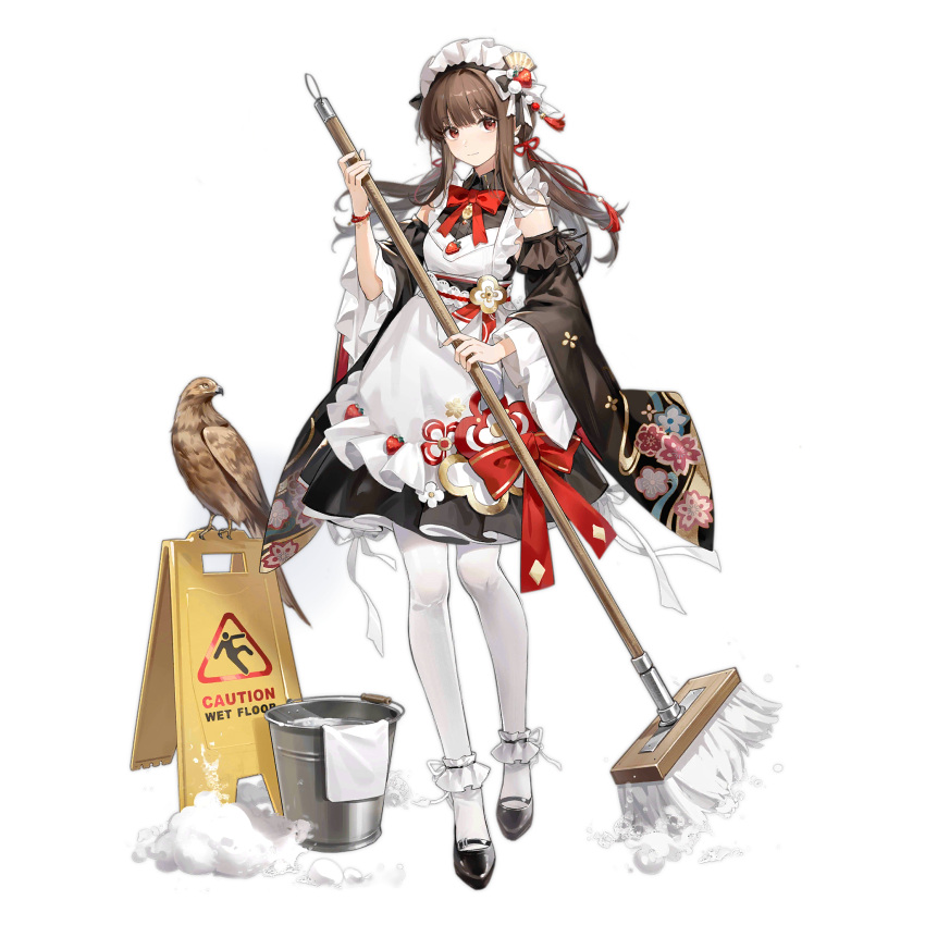 apron artist_request bird black_footwear black_sleeves breasts broom brown_hair bucket bucket_of_water closed_mouth detached_sleeves falcon falcon_(girls'_frontline) falcon_(tailfeather_maiden)_(girls'_frontline) female floral_print food-themed_hair_ornament frills full_body girls'_frontline hair_ornament highres holding holding_broom long_hair looking_at_viewer maid maid_apron maid_headdress official_alternate_costume official_art pantyhose red_eyes shoes sign simple_background skirt soap_bubbles solo standing strawberry_hair_ornament third-party_source towel transparent_background wa_maid warning_sign wet_floor_sign white_apron white_pantyhose wide_sleeves