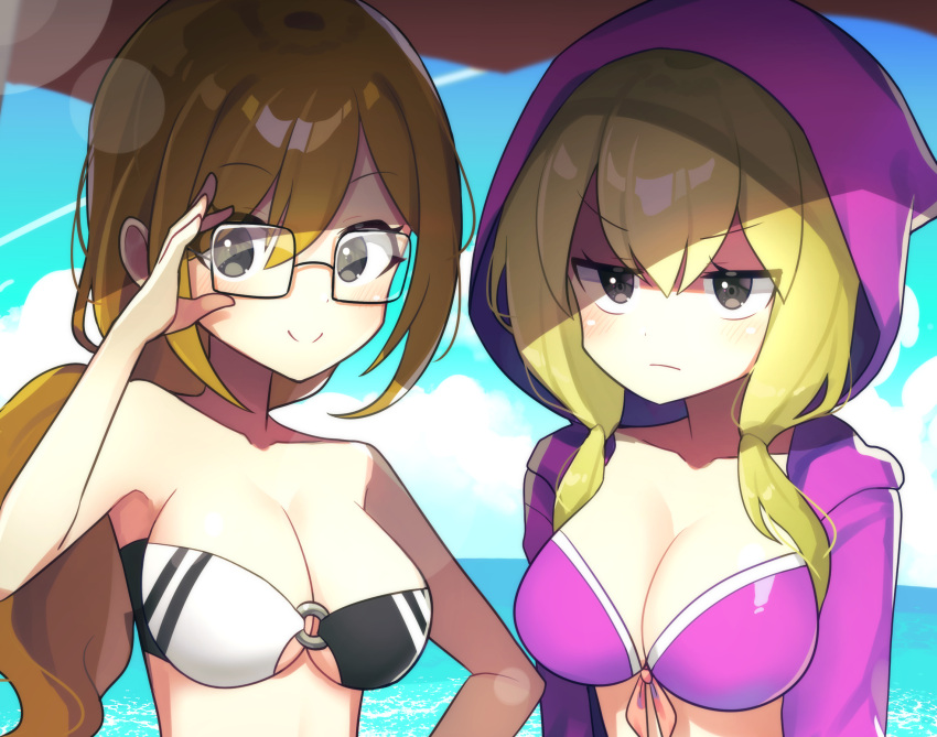 >:( 2girls angry beach beach_umbrella bikini black_eyes blonde_hair blue_background blue_sky breasts brown_hair coat eglan glasses highres korean_commentary long_hair looking_at_viewer medium_breasts multiple_girls ocean offbeat open_clothes open_coat pink_bikini pink_coat rhythm_tengoku secretary secretary_(rhythm_tengoku) sky smile swimsuit umbrella v-shaped_eyebrows