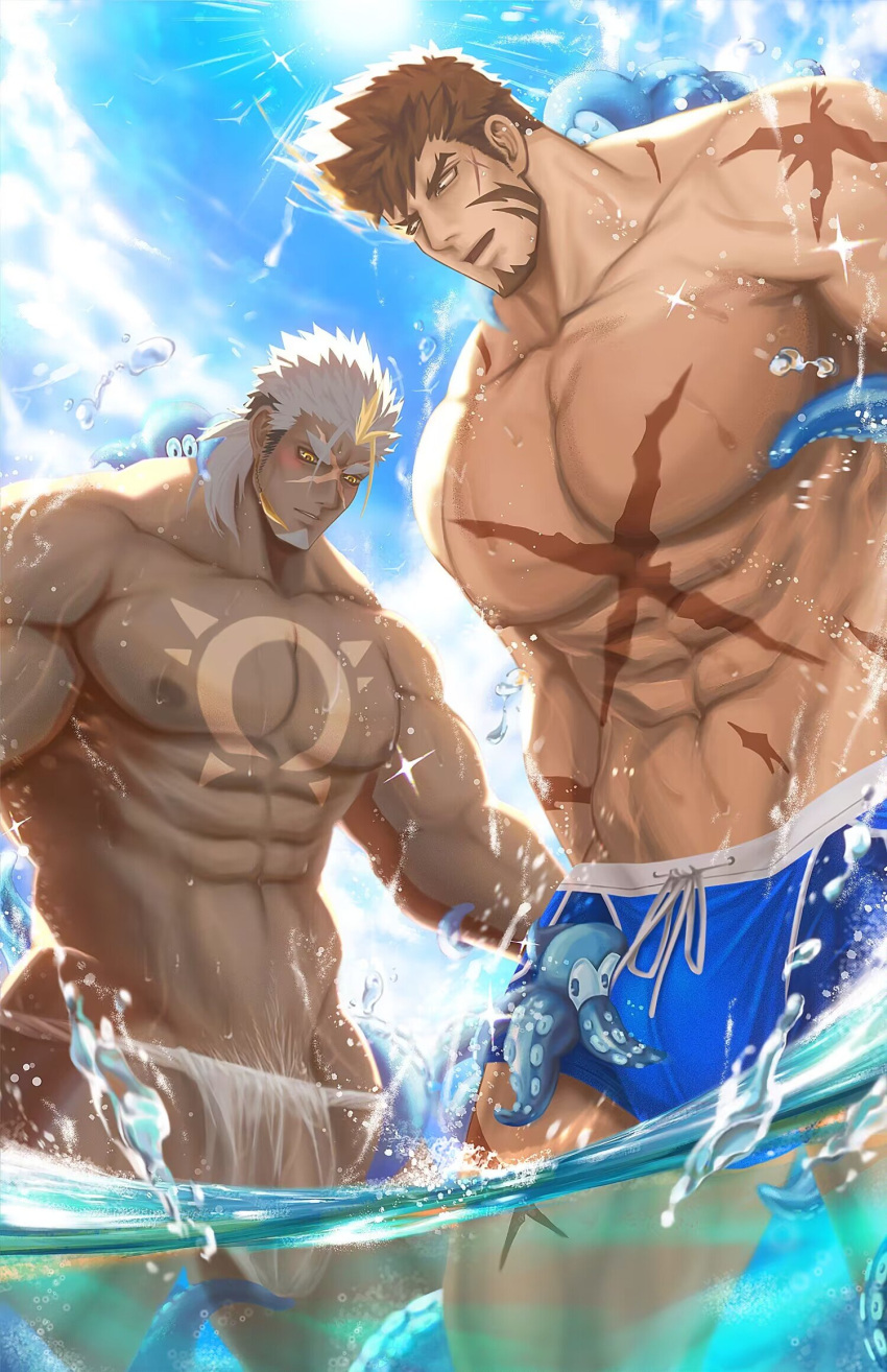 2boys abs bara beach biceps bidziil_(gyee) black_hair blonde_hair blush brown_hair buegnahrnc9m9lh bulge cloud cloudy_sky crossover fundoshi gyee heracles_(housamo) highres huge_pectorals japanese_clothes long_hair male_focus male_swimwear male_underwear manly mature_male multicolored_hair multiple_boys muscular muscular_male nipples nose_blush ocean octopus outdoors pectorals scar short_hair sky sparkle spiked_hair sun sunlight tattoo tentacle thick_arms thick_eyebrows tokyo_afterschool_summoners topless_male underwear water water_drop wet white_hair yellow_eyes