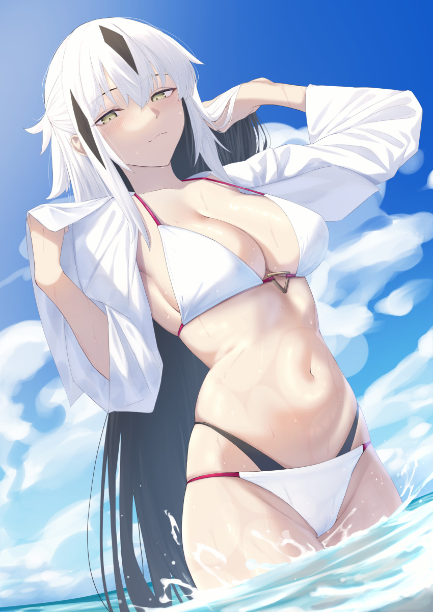 absurdres bikini black_hair breasts cleavage collarbone fate/grand_order fate_(series) female green_eyes hair_between_eyes highres large_breasts long_hair long_sleeves looking_at_viewer multicolored_hair nagao_kagetora_(fate) navel ocean okuma707 open_clothes shirt sidelocks smile solo swimsuit two-tone_hair wading white_bikini white_hair white_shirt