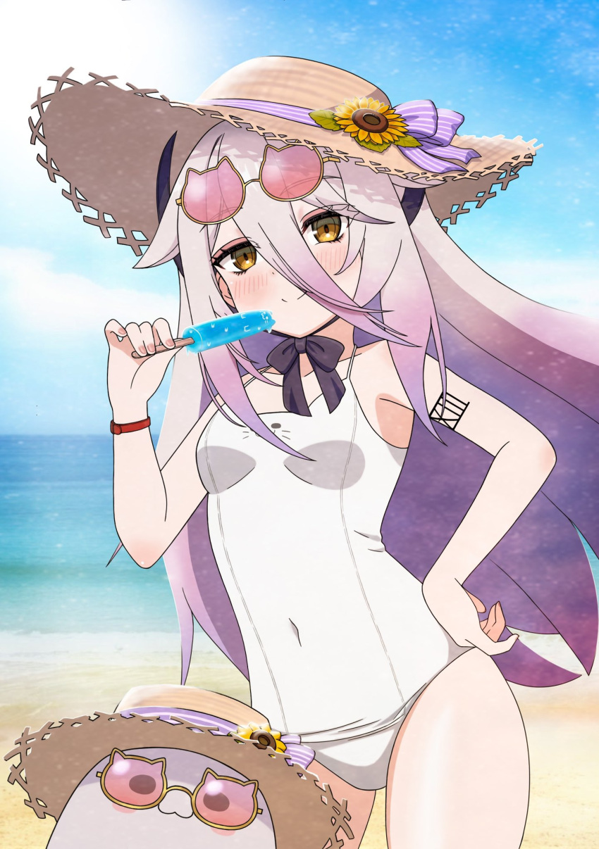 animal-themed_eyewear beach blue_sky breasts closed_mouth covered_navel eyewear_on_head female flower food ghostcity gradient_hair grey_hair hair_between_eyes hat hat_flower henya_the_genius henya_the_genius_(3rd_costume) highres holding holding_food holding_popsicle long_hair multicolored_hair ocean one-piece_swimsuit popsicle purple_hair sky small_breasts smile sun_hat sunflower swimsuit virtual_youtuber vshojo white_one-piece_swimsuit yellow_eyes