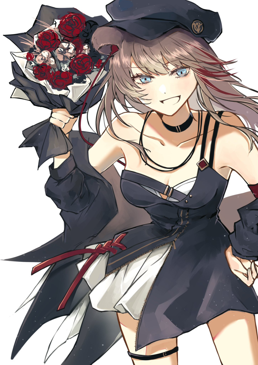 animal_ears arknights bare_shoulders black_choker black_dress black_hat black_jacket blue_eyes bouquet breasts brown_hair choker cleavage collarbone commentary_request cowboy_shot dress female flat_cap flower grey_flower grey_rose grin hand_on_own_hip hat highres holding holding_bouquet jacket jiru_(6pp_ab) light_blush light_particles long_hair long_sleeves looking_at_viewer medium_breasts multicolored_hair off_shoulder partial_commentary red_flower red_hair red_rose rose simple_background single_strap smile solo split_mouth standing streaked_hair white_background zima_(arknights)