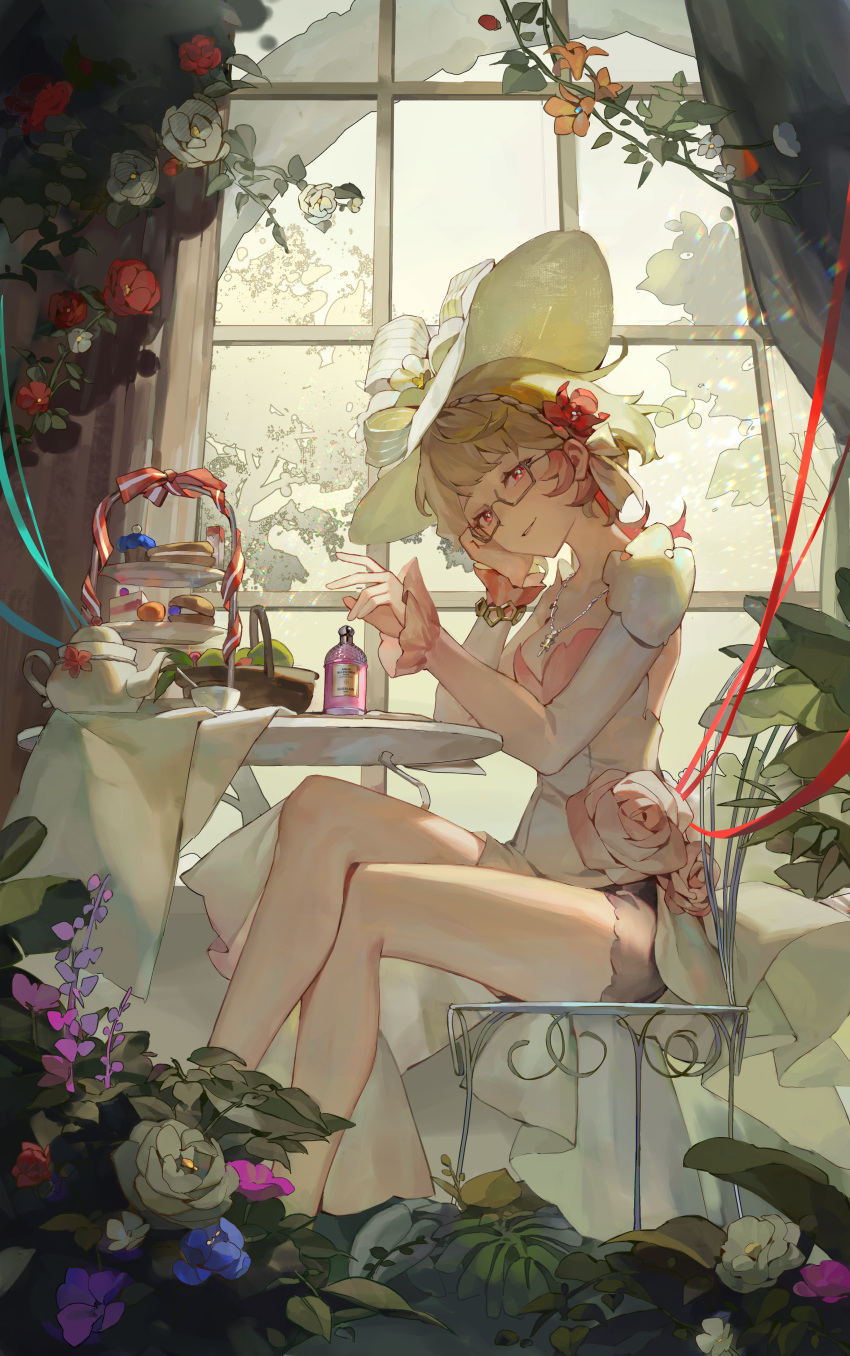 absurdres alternate_costume basket blonde_hair bottle cake chair crossed_legs emilie_(genshin_impact) english_commentary female flower flower_hat food genshin_impact hat head_tilt highres jewelry leaf looking_at_viewer macaron necklace pink_eyes ribbon semi-rimless_eyewear short_hair sitting solo table teapot tiered_tray wide_sleeves window xuemen