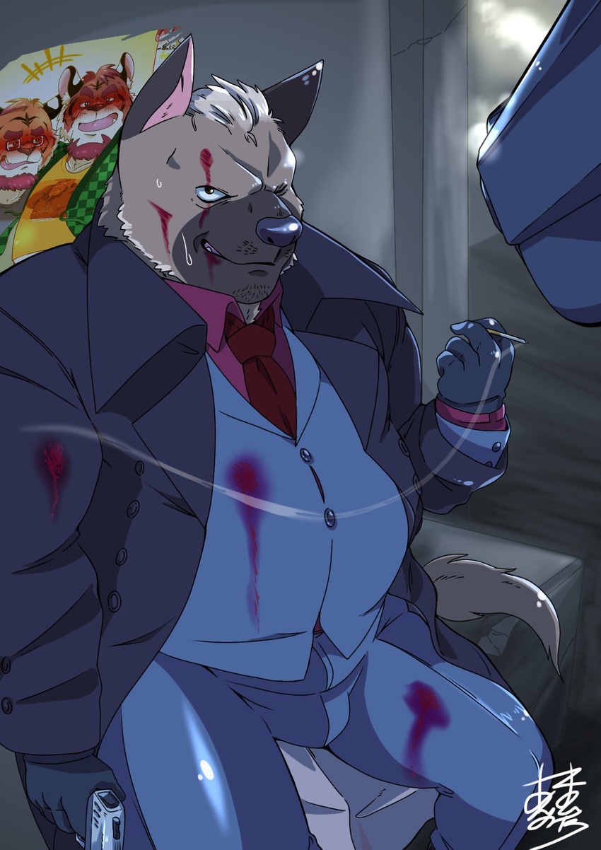 2020 anthro blood bodily_fluids bottomwear bumomomoboa canid canine canis clothing domestic_dog hi_res humanoid_hands kemono male mammal necktie night outside pants scar shirt slightly_chubby solo topwear weapon