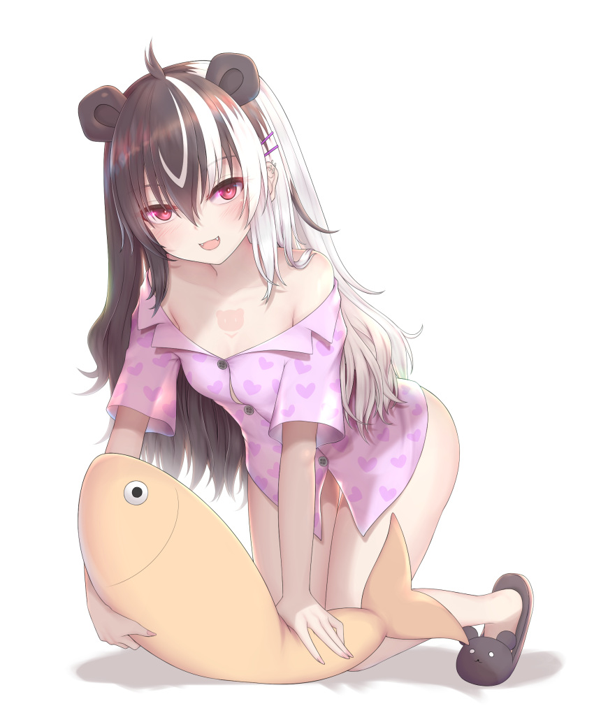 :d absurdres all_fours animal_ears animal_slippers bear_ears black_footwear black_hair breasts chinese_commentary collarbone commentary_request fangs female full_body hair_between_eyes hair_ornament hairclip heart heart_print highres long_hair looking_at_viewer multicolored_hair naked_shirt nikuku_(kazedesune) obear off_shoulder open_mouth print_shirt purple_shirt red_eyes rescute shadow shirt short_sleeves slippers small_breasts smile solo square_live stuffed_animal stuffed_fish stuffed_toy transparent_background two-tone_hair very_long_hair virtual_youtuber white_hair