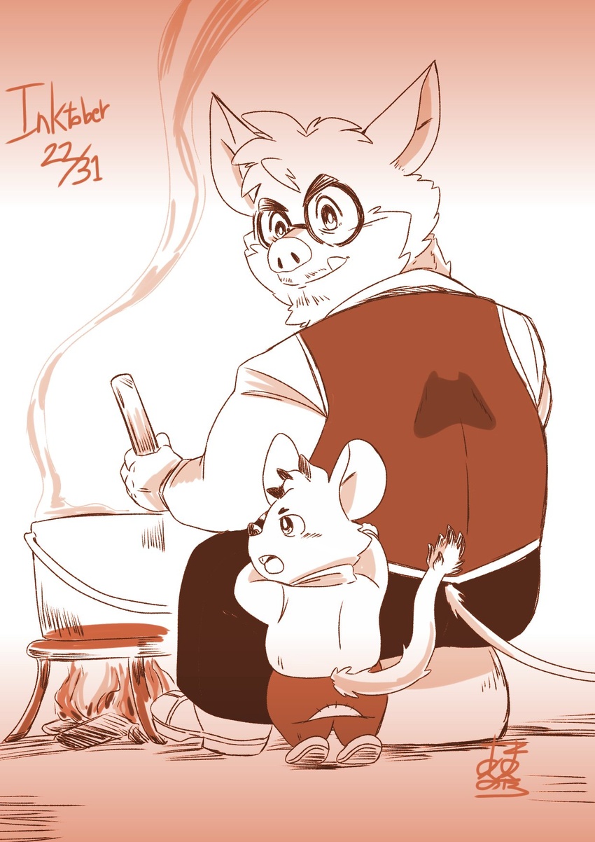 2020 anthro bottomwear bumomomoboa clothing cooking duo eyewear fire glasses hi_res humanoid_hands inktober inktober_2020 kemono male mammal mouse murid murine pants rodent shirt sitting topwear