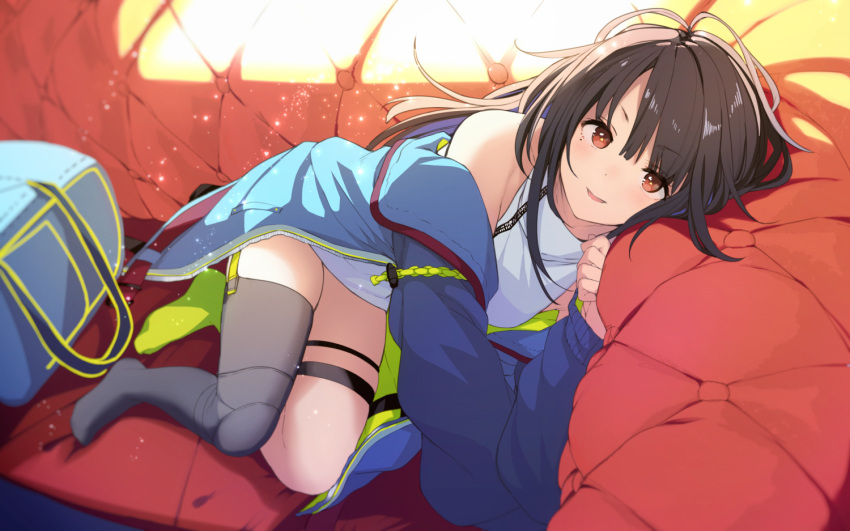 bag black_hair blue_coat blush c-ms_(girls'_frontline) coat couch dress female girls'_frontline green_legwear grey_legwear hair_between_eyes knee_pads long_hair long_sleeves looking_at_viewer lying messy_hair mole mole_under_eye off_shoulder on_side open_mouth red_eyes single_knee_pad single_sock single_thighhigh sleeveless sleeveless_dress socks solo thigh_strap thighhighs tobimura white_dress