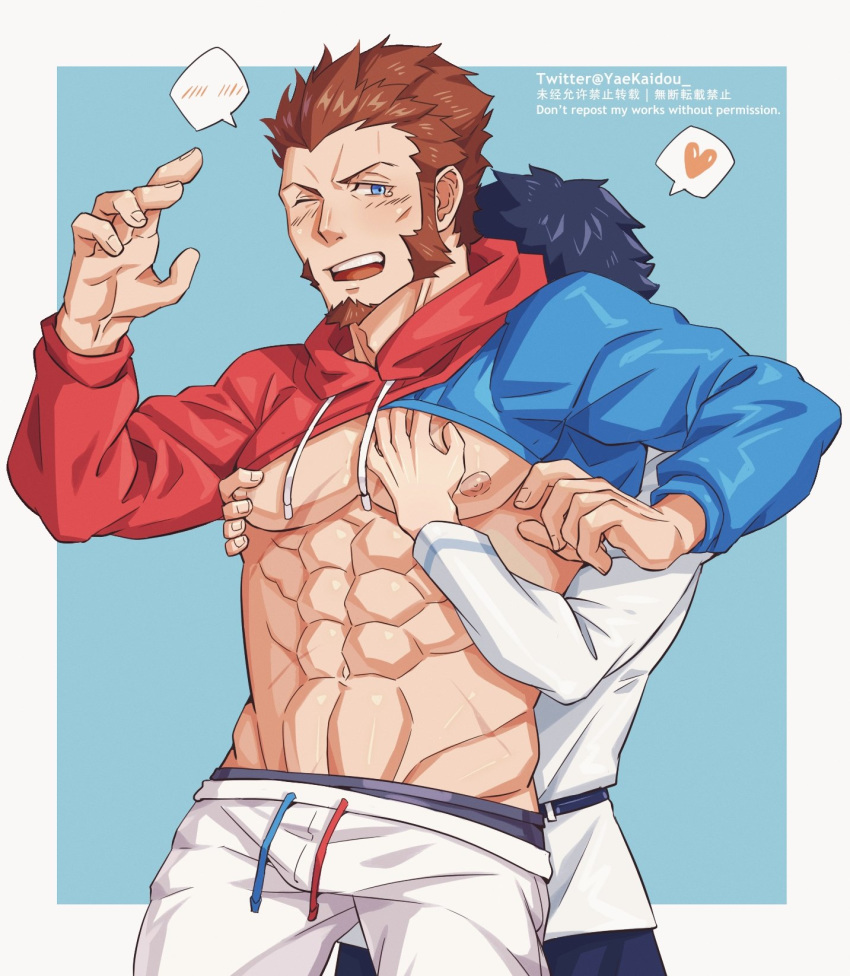 2boys abs bad_id bad_twitter_id bara bare_pectorals blue_eyes blush brown_hair bulge cropped_hoodie cross_scar edie_crop_hoodie facial_hair fashion fate/grand_order fate_(series) fujimaru_ritsuka_(male) goatee grabbing happy_sex heart highres hood hoodie large_pectorals long_sideburns male_focus meme_attire multiple_boys muscular muscular_male napoleon_bonaparte_(fate) navel nipples one_eye_closed pants pectoral_grab pectorals scar scar_on_chest short_hair sideburns spoken_heart thick_thighs thighs wet white_pants yaekaidou yaoi