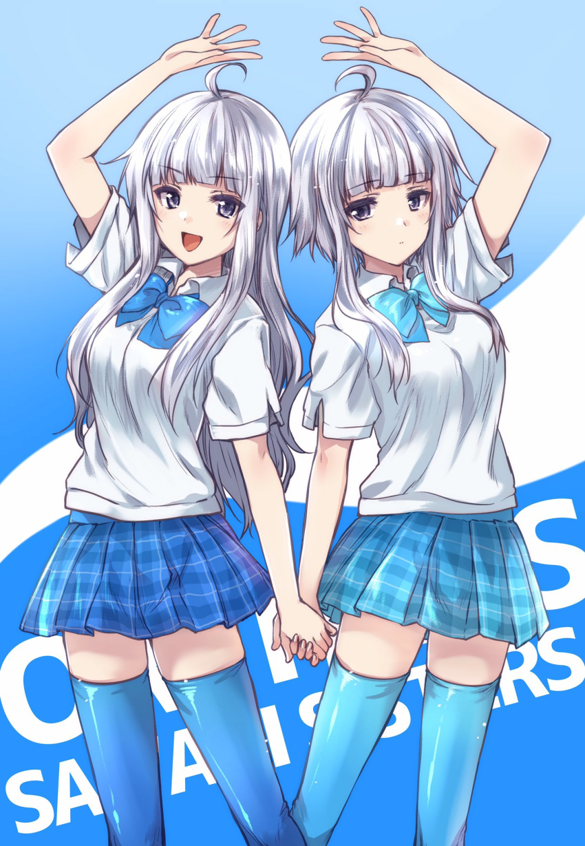 2girls :d ahoge arm_up ben-tou blue_background blue_bow blue_bowtie blue_skirt blue_thighhighs blunt_bangs bow bowtie character_name closed_mouth collared_shirt commentary_request highres holding_hands kuroi_mimei light_frown long_hair looking_at_viewer miniskirt multiple_girls open_mouth plaid plaid_skirt pleated_skirt purple_eyes sawagi_kyou_(elder) sawagi_kyou_(younger) school_uniform shirt short_hair_with_long_locks short_sleeves siblings side-by-side sidelocks sisters skirt smile standing symmetrical_hand_pose text_background thighhighs twins white_hair white_shirt wing_collar