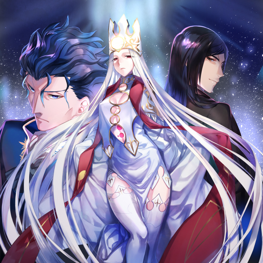 2boys absurdres albino black_hair blue_eyes blue_hair breasts brown_eyes cleavage closed_mouth commentary_request cowboy_shot crown dark_blue_hair dress expressionless fate/stay_night fate_(series) female hair_strand highres justeaze_lizrich_von_einzbern long_hair matou_zouken messy_hair multiple_boys red_eyes sash smile thighhighs tohsaka_nagato white_dress white_hair white_legwear ycco_(estrella)