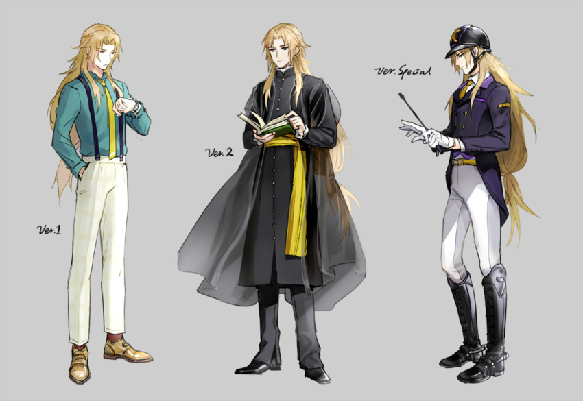 3boys alternate_costume aqua_shirt bad_id bad_pixiv_id belt black_footwear black_pants blonde_hair book boots cassock changye chiron_(fate) collared_shirt curtained_hair fate/grand_order fate_(series) full_body gloves grey_background hand_in_pocket helmet holding holding_book holding_riding_crop jacket jockey long_hair looking_at_object low-tied_long_hair male_focus multiple_boys multiple_persona necktie open_book pants purple_jacket reading reference_sheet riding_boots riding_crop riding_outfit sash shirt shoes sidelocks simple_background standing suspenders watch white_gloves white_pants white_shirt wristwatch yellow_belt yellow_footwear yellow_necktie yellow_sash