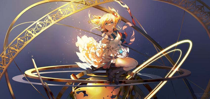 armillary_sphere black_footwear black_socks blonde_hair blue_eyes female glowworm_(warship_girls_r) hair_ribbon highres long_hair red_ribbon ribbon scarf shoes sitting socks solo stellated_octahedron striped_clothes striped_scarf twintails warship_girls_r yi_yu