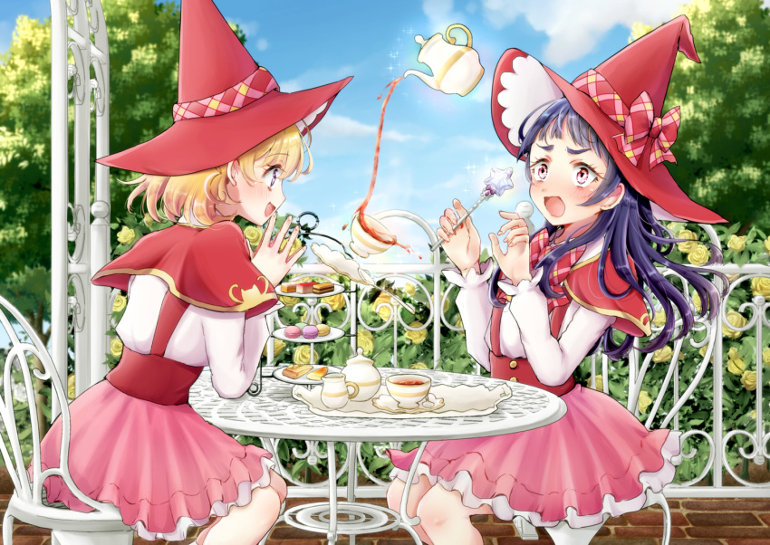 2girls :d asahina_mirai blonde_hair blush bow bowtie brick_floor capelet chair creamer_(vessel) cup day dessert floating_hair flower food from_side garden hair_between_eyes hat hat_bow holding holding_wand izayoi_liko kononkono layered_skirt long_hair long_sleeves macaron magic mahou_girls_precure! miniskirt multiple_girls open_mouth outdoors own_hands_together pink_eyes pink_skirt plaid plaid_bow plaid_neckwear pouring precure purple_eyes purple_hair red_bow red_bowtie red_capelet red_headwear shirt short_hair sitting skirt smile spill star_wand sugar_bowl surprised tea_party tea_set teacup teapot tiered_tray tray wand white_shirt witch_hat yellow_flower