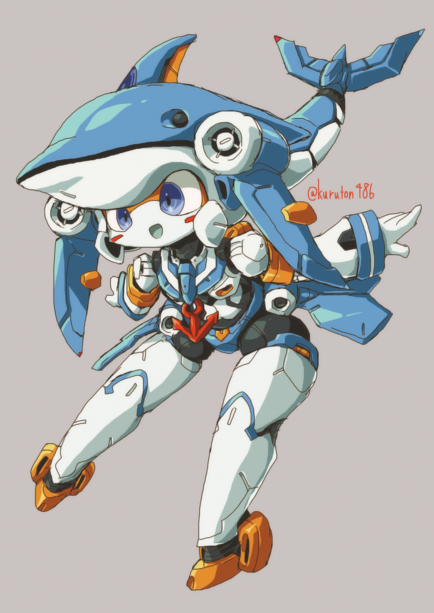 absurdres artist_name blue_eyes dolphin_girl female highres humanoid_robot kuruton486 leaning_forward mecha_musume no_humans open_hands open_mouth original robot sailor_collar science_fiction smile solo