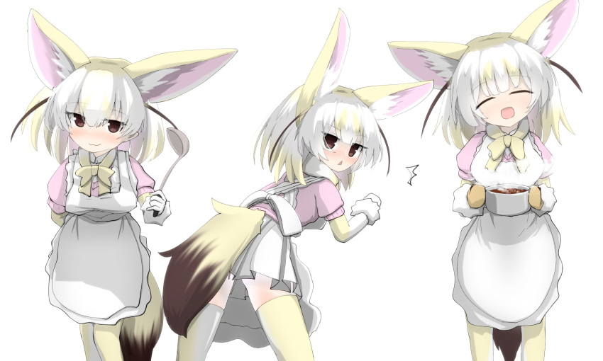 :3 animal_ears apron blonde_hair blush bow bowtie commentary cowboy_shot elbow_gloves embarrassed extra_ears female fennec_(kemono_friends) fox_ears fox_girl fox_tail gloves gradient_legwear highres karekusa_meronu kemono_friends ladle leaning_in looking_at_viewer multicolored_hair multiple_views nose_blush oven_mitts pink_sweater pleated_skirt pot puffy_short_sleeves puffy_sleeves short_hair short_sleeves skirt sweater tail thighhighs triangle_mouth two-tone_gloves two-tone_hair two-tone_legwear white_apron white_gloves white_hair white_legwear white_skirt yellow_bow yellow_bowtie yellow_gloves yellow_legwear zettai_ryouiki