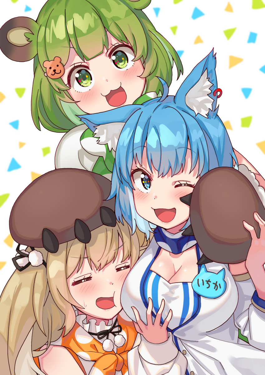 3girls :3 absurdres ahoge animal_ear_fluff animal_ears animare bare_shoulders bear_ears bear_hair_ornament bear_paws black_ribbon blue_eyes blue_hair blue_neckwear blunt_bangs blush bow breast_hold breast_rest breasts brown_hair cleavage closed_eyes commentary_request detached_sleeves dog_ears green_bow green_eyes green_hair hair_ornament highres hinokuma_ran hug hug_from_behind inaba_haneru_(animare) large_breasts medium_hair multiple_girls nanashi_inc. neckerchief one_eye_closed open_mouth orange_neckerchief rabbit_ears ribbon shirt short_hair simple_background smile smother souya_ichika souya_ichika_(1st_costume) tonarikeru virtual_youtuber white_shirt