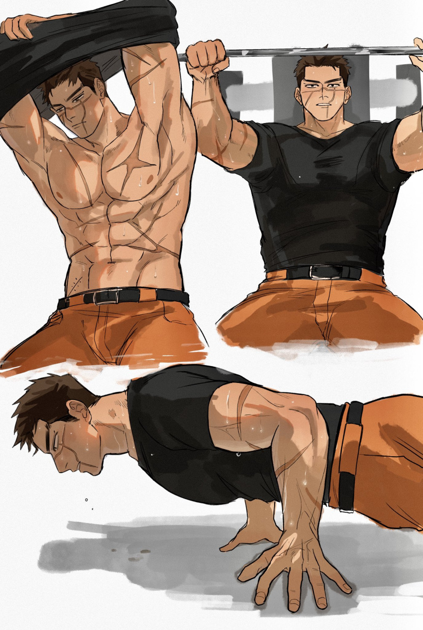 1boy abs bara bare_pectorals belt black_belt black_hair black_shirt clothes_lift exercising golden_kamuy highres large_pectorals male_focus muscular muscular_male navel nipples orange_pants pants pectorals scar scar_on_arm scar_on_cheek scar_on_chest scar_on_face scar_on_mouth scar_on_nose shirt shirt_lift short_hair solo sugimoto_saichi sweat sweatdrop ton_(ton19130318) undressing