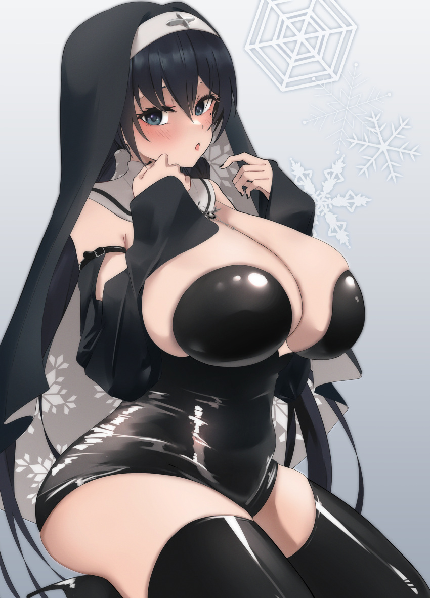 absurdres asatoke_sarasa bad_id bad_pixiv_id black_hair black_leotard black_nails black_thighhighs blush breasts cleavage commentary crossed_bangs detached_collar detached_sleeves female fon_(96nokimihito) gradient_background grey_eyes habit hands_up highres huge_breasts indie_virtual_youtuber jewelry leotard long_hair long_sleeves looking_at_viewer mole mole_under_eye nail_polish necklace nun official_alternate_costume open_mouth shiny_clothes shiny_legwear sleeveless snowflakes solo symbol-only_commentary thighhighs thighs very_long_hair virtual_youtuber wide_sleeves