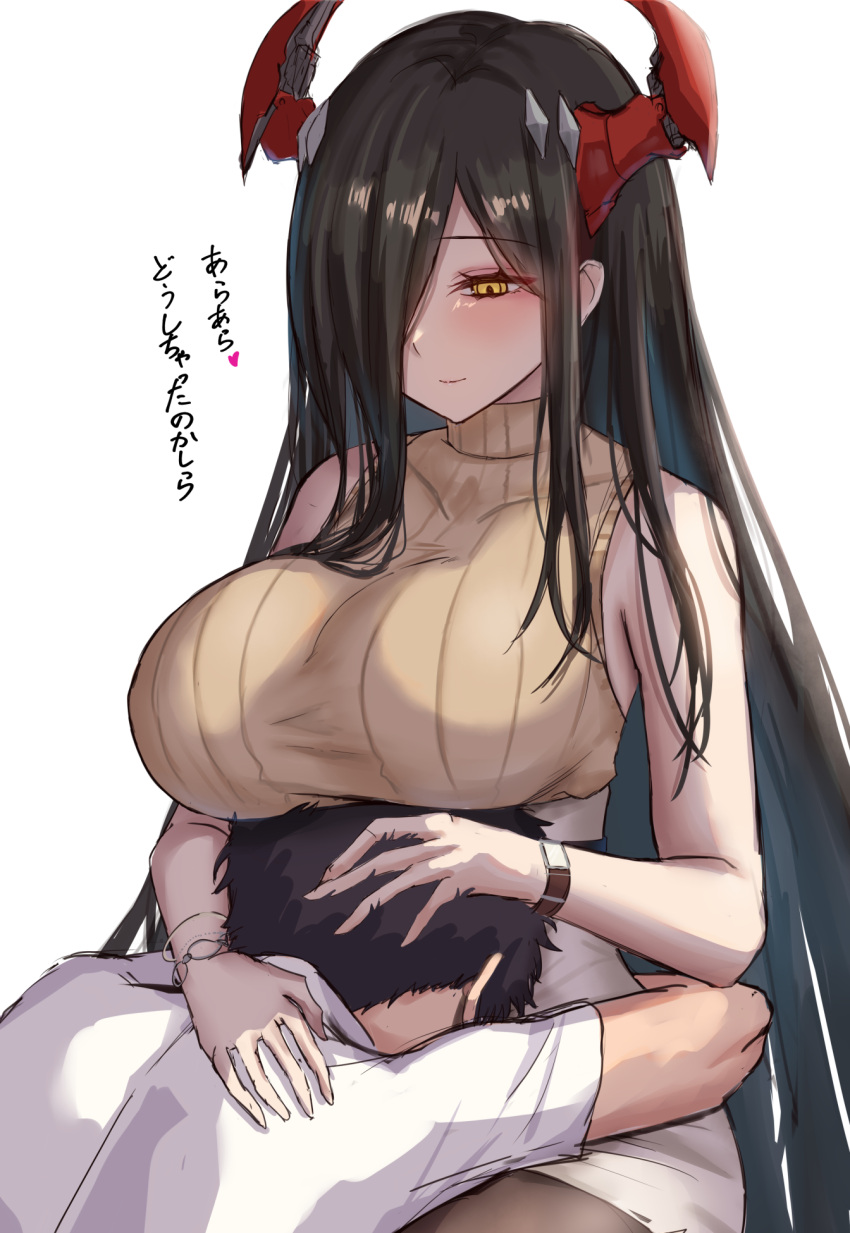 1boy ara_ara azur_lane bare_arms bare_shoulders black_hair black_pantyhose blush bracelet breasts brushing_another's_hair brushing_hair closed_mouth commander_(azur_lane) commentary female friedrich_der_grosse_(azur_lane) hair_over_one_eye hand_on_another's_back highres horns hug jewelry lap_pillow large_breasts long_hair looking_at_another mature_female mechanical_horns official_alternate_costume pantyhose red_horns satou_aji shirt simple_background skirt sleeveless sleeveless_turtleneck smile solo_focus sweater translation_request turtleneck turtleneck_sweater watch white_background white_shirt white_skirt wristwatch yellow_eyes