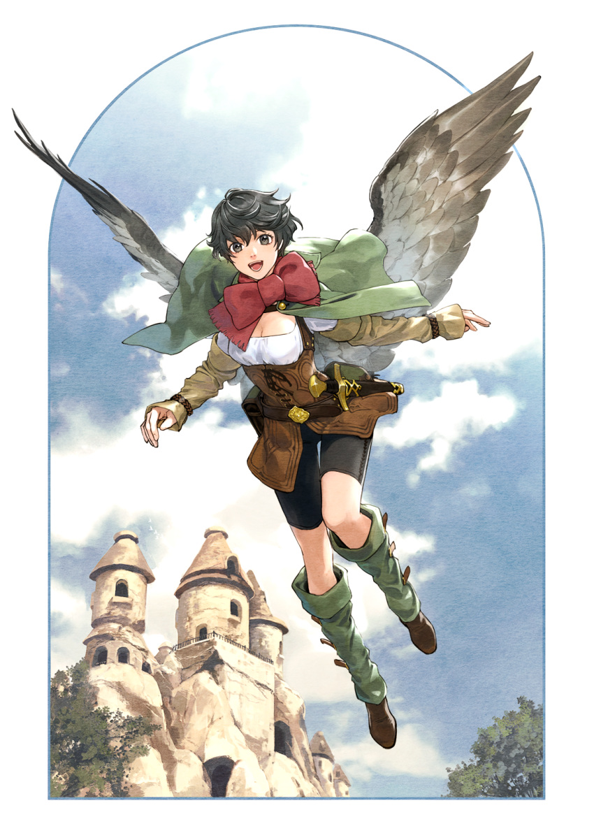 bike_shorts black_eyes black_hair building capelet check_commentary commentary_request fantasy feathered_wings female flying highres kneehighs looking_at_viewer pixiv_fantasia pixiv_fantasia_age_of_starlight sankyou scabbard sheath sheathed short_hair sky socks solo sword weapon wings