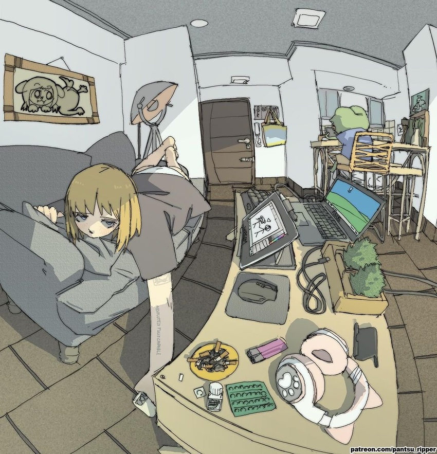 1boy animal_ear_headphones animal_ears apartment arm_tattoo ashtray bliss_(image) blonde_hair blue_eyes blue_shirt blush brown_shirt cat_ear_headphones chair cigarette computer computer_mouse couch fake_animal_ears female fisheye headphones holding holding_phone indoors lamp laptop lighter lying medium_hair no_pants on_stomach original panties pantsu-ripper pepe_the_frog phone pill plant potted_plant shirt sidelocks sitting table tattoo underwear wacom white_panties windows_xp