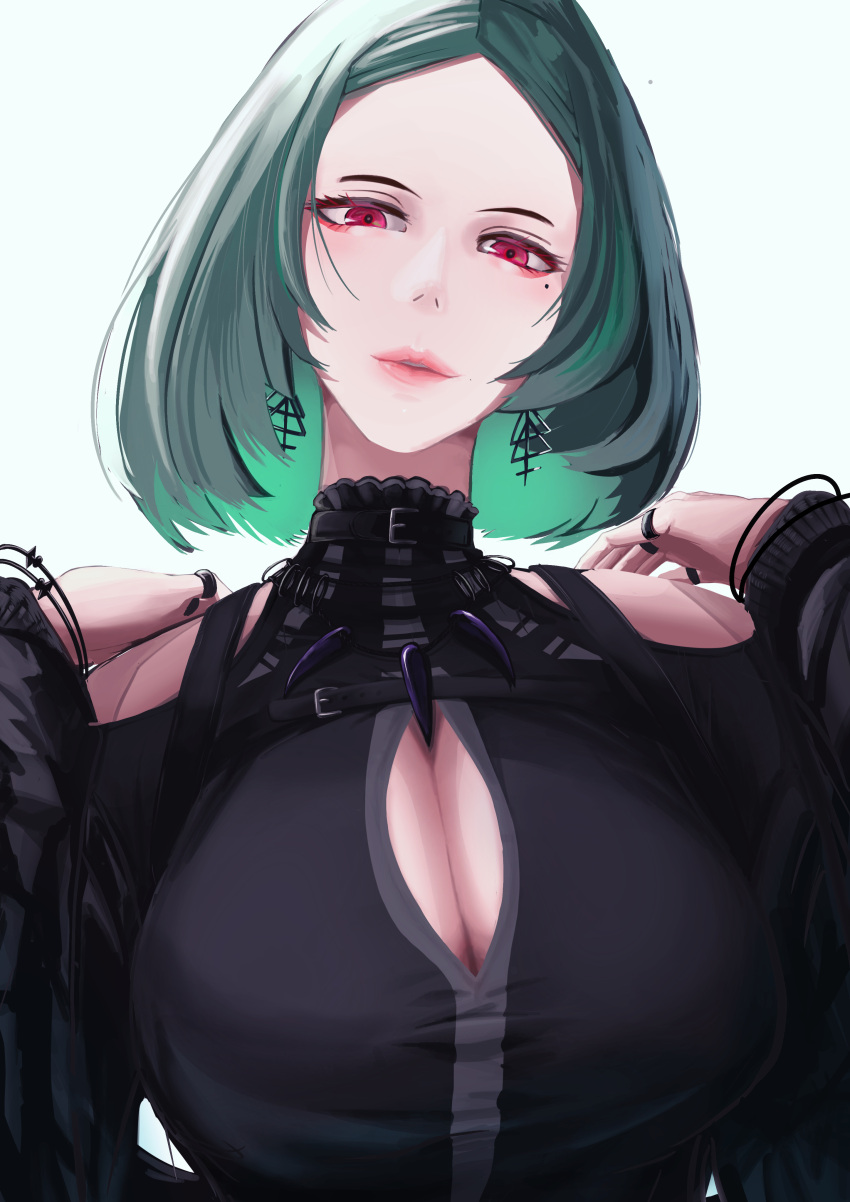 absurdres black_dress breasts cleavage_cutout clothing_cutout commentary dress earrings english_commentary female green_hair hands_up highres hiyaori_(hiyahiyaval) jewelry large_breasts lips long_sleeves looking_at_viewer mole mole_under_eye necklace original parted_lips red_eyes ring short_hair shoulder_cutout simple_background solo upper_body white_background